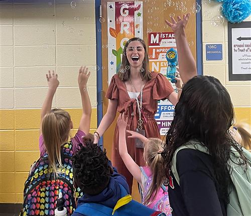 school counselor at Columbia Elementary with bubble machinee